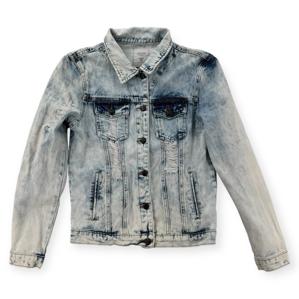 Guess Denim Jean Jacket Womens XS Stone Acid Wash Short Trucker Biker Distressed